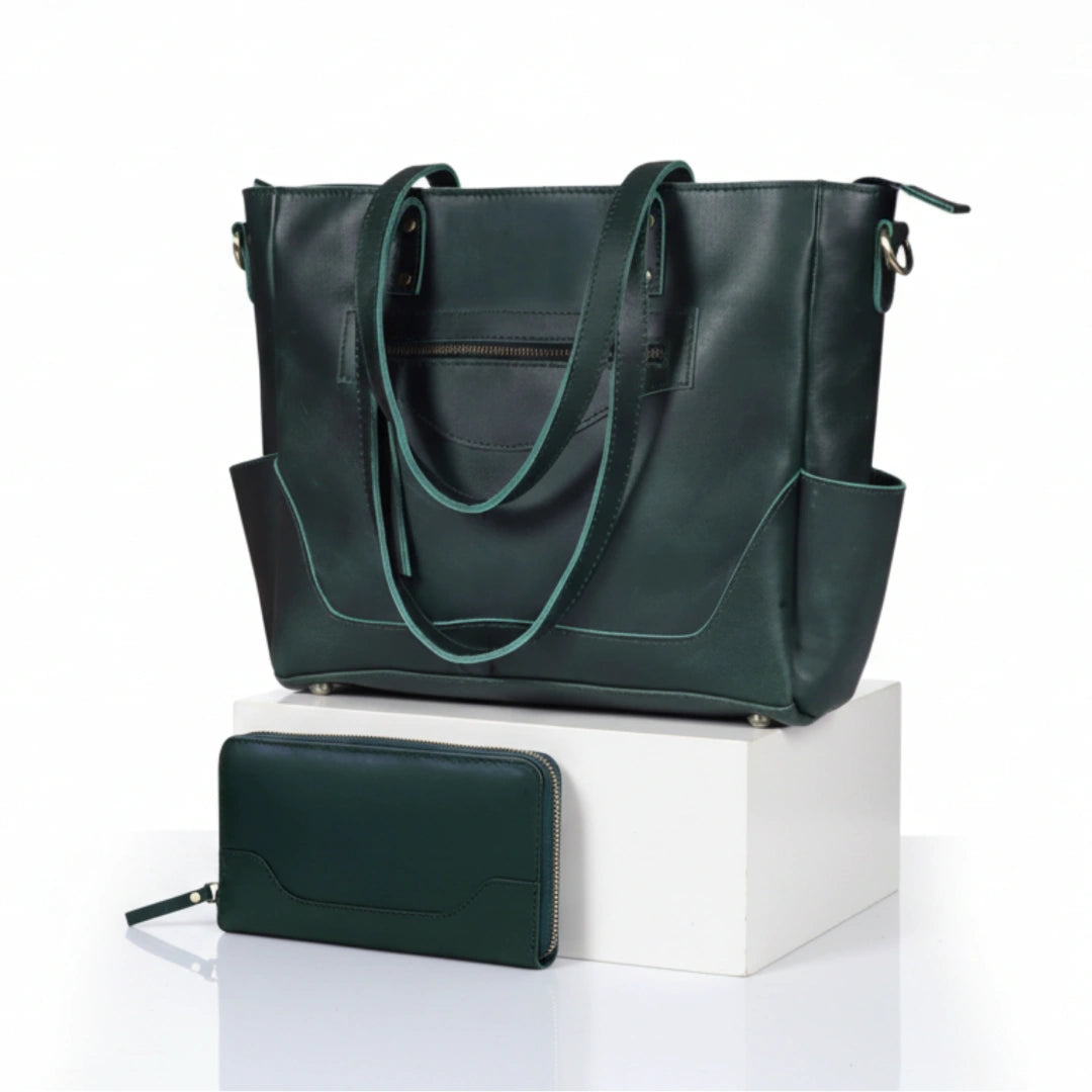 Portland Buffalo Leather Crossbody Laptop Tote Bag - Green