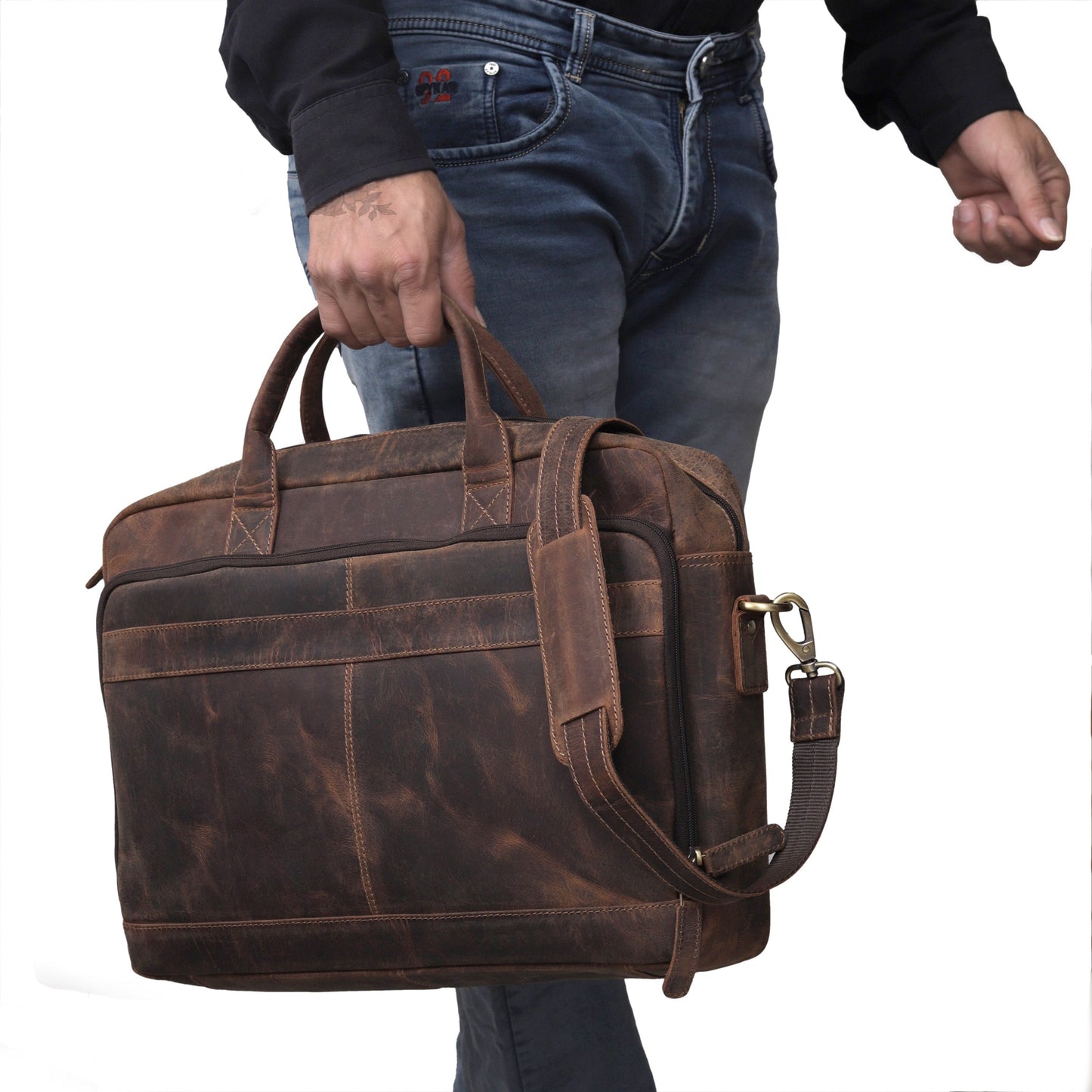 AUSTIN LAPTOP LEATHER BRIEFCASE - BROWN