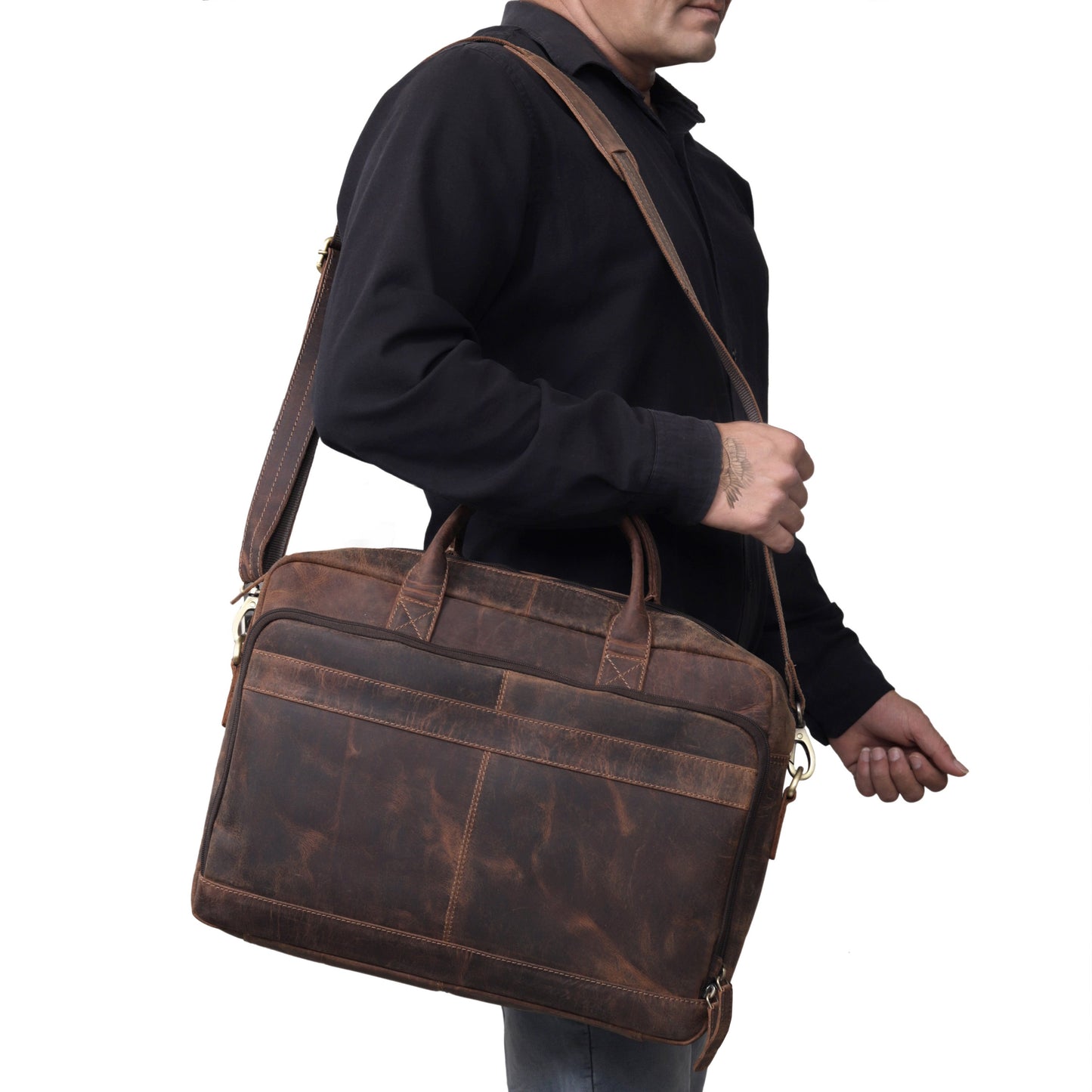 AUSTIN LAPTOP LEATHER BRIEFCASE - BROWN