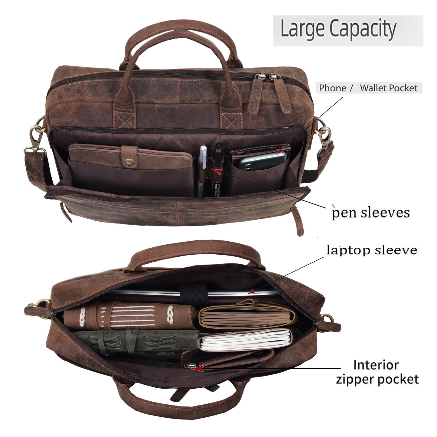 AUSTIN LAPTOP LEATHER BRIEFCASE - BROWN