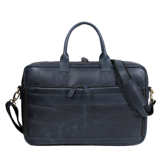 AUSTIN LAPTOP LEATHER BRIEFCASE - NAVY