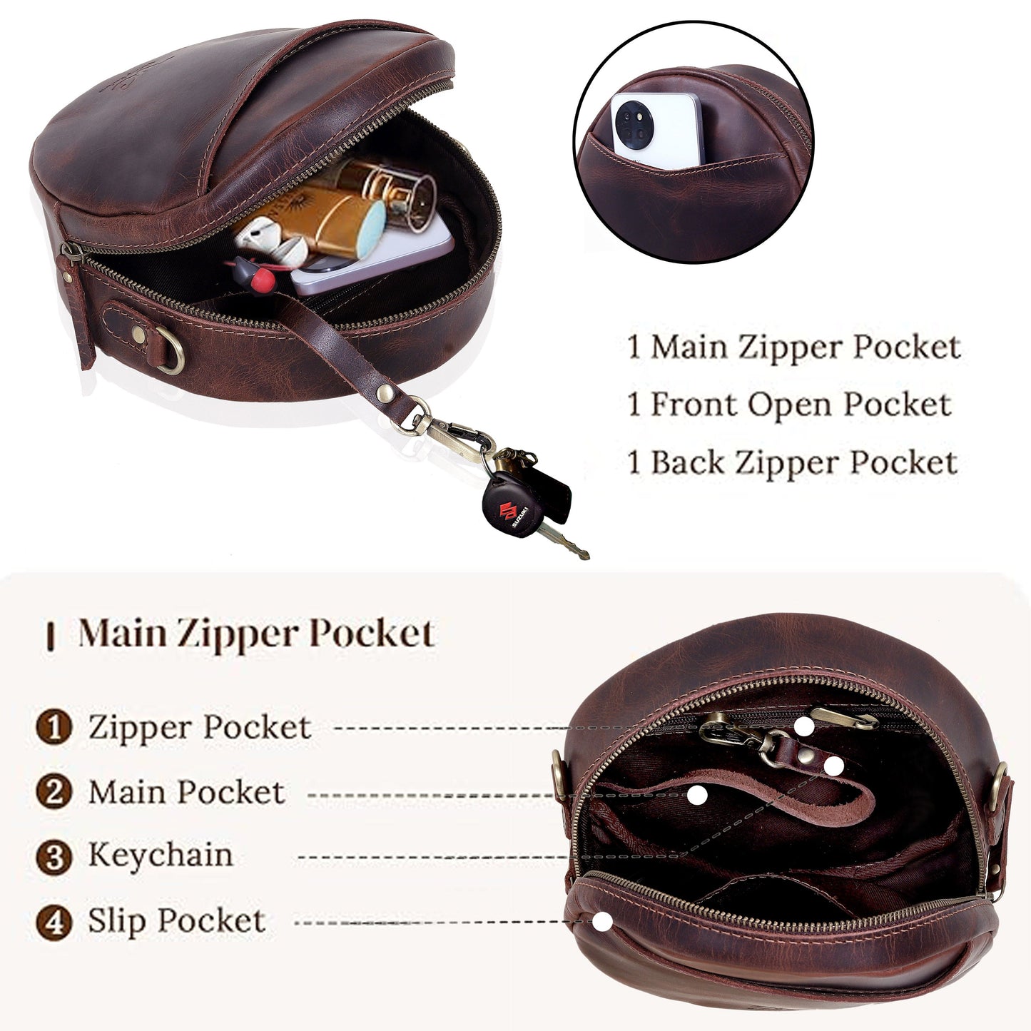 Indus Leather Round Crossbody Bags for Women - Brown
