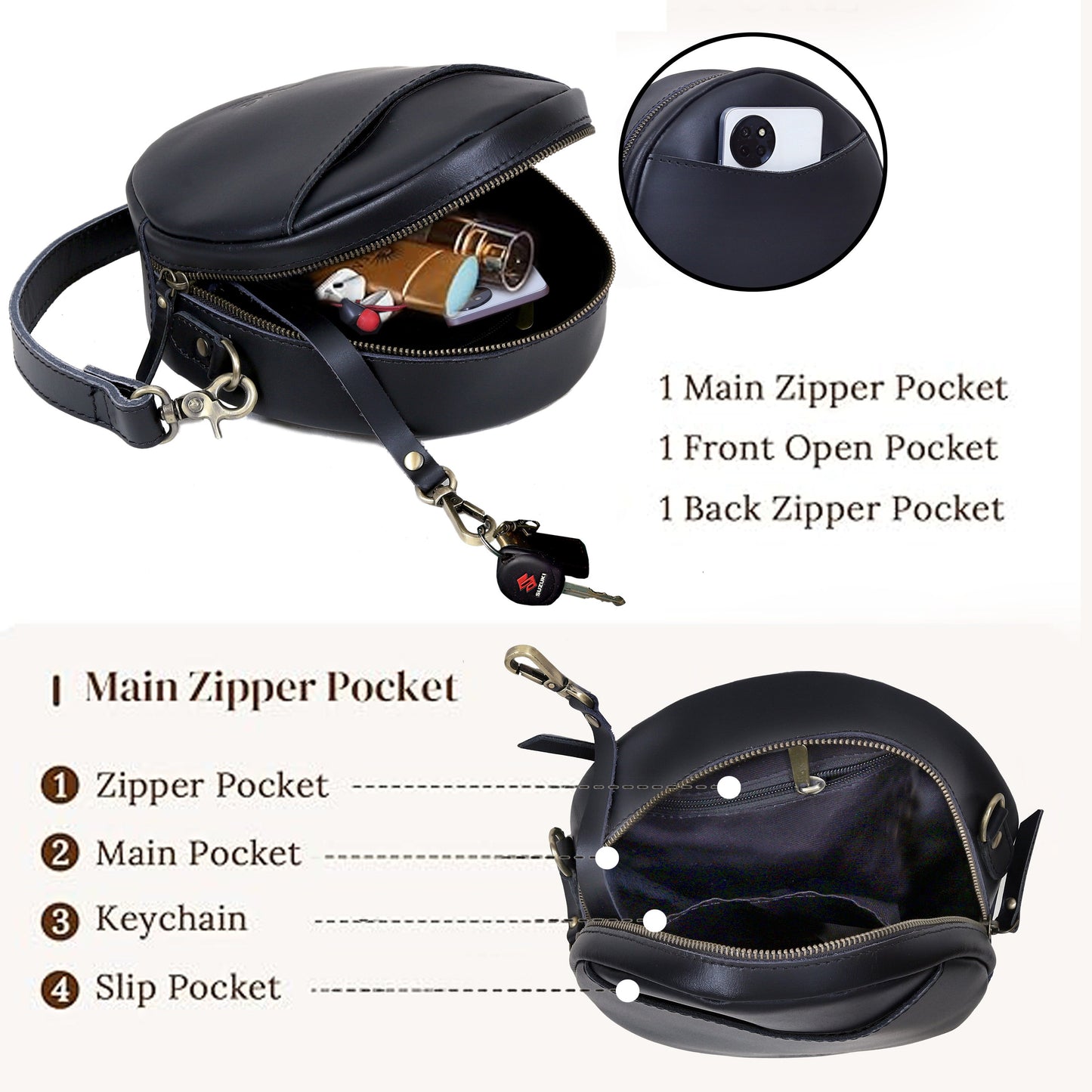 Indus Leather Round Crossbody Bags for Women - Black