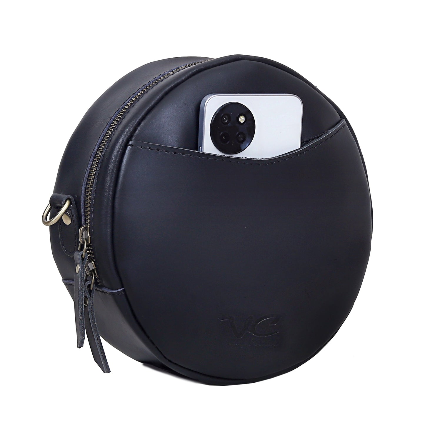 Indus Leather Round Crossbody Bags for Women - Black
