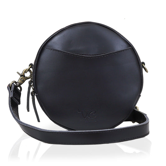 Indus Leather Round Crossbody Bags for Women - Black
