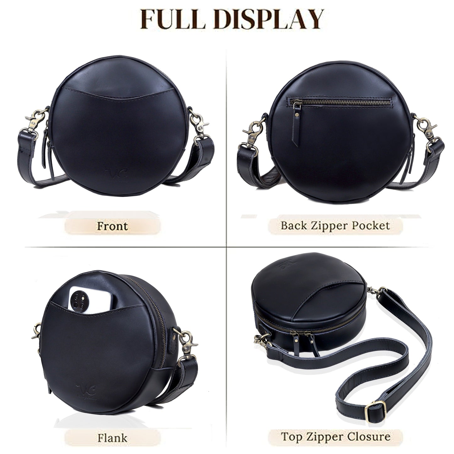 Indus Leather Round Crossbody Bags for Women - Black