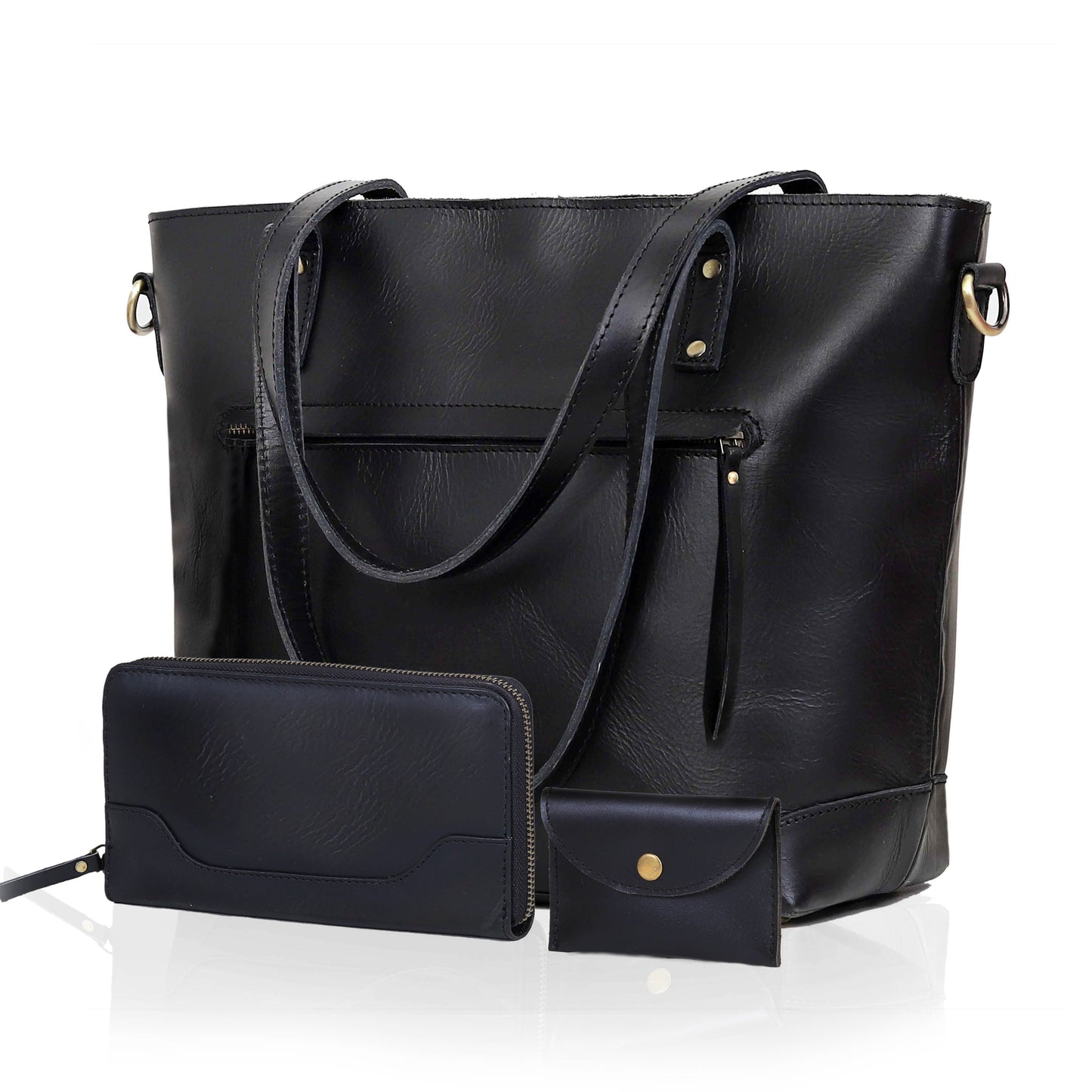 PORTLAND BUFFALO LEATHER TOTE BAG COMBO - BLACK