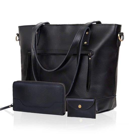 PORTLAND BUFFALO LEATHER TOTE BAG COMBO - BLACK