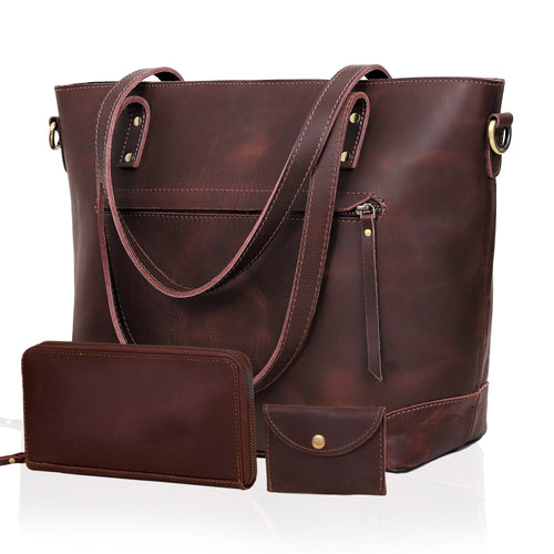 PORTLAND BUFFALO LEATHER TOTE BAG COMBO - BROWN