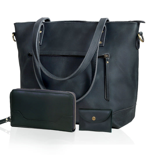 PORTLAND BUFFALO LEATHER TOTE BAG COMBO - NAVY