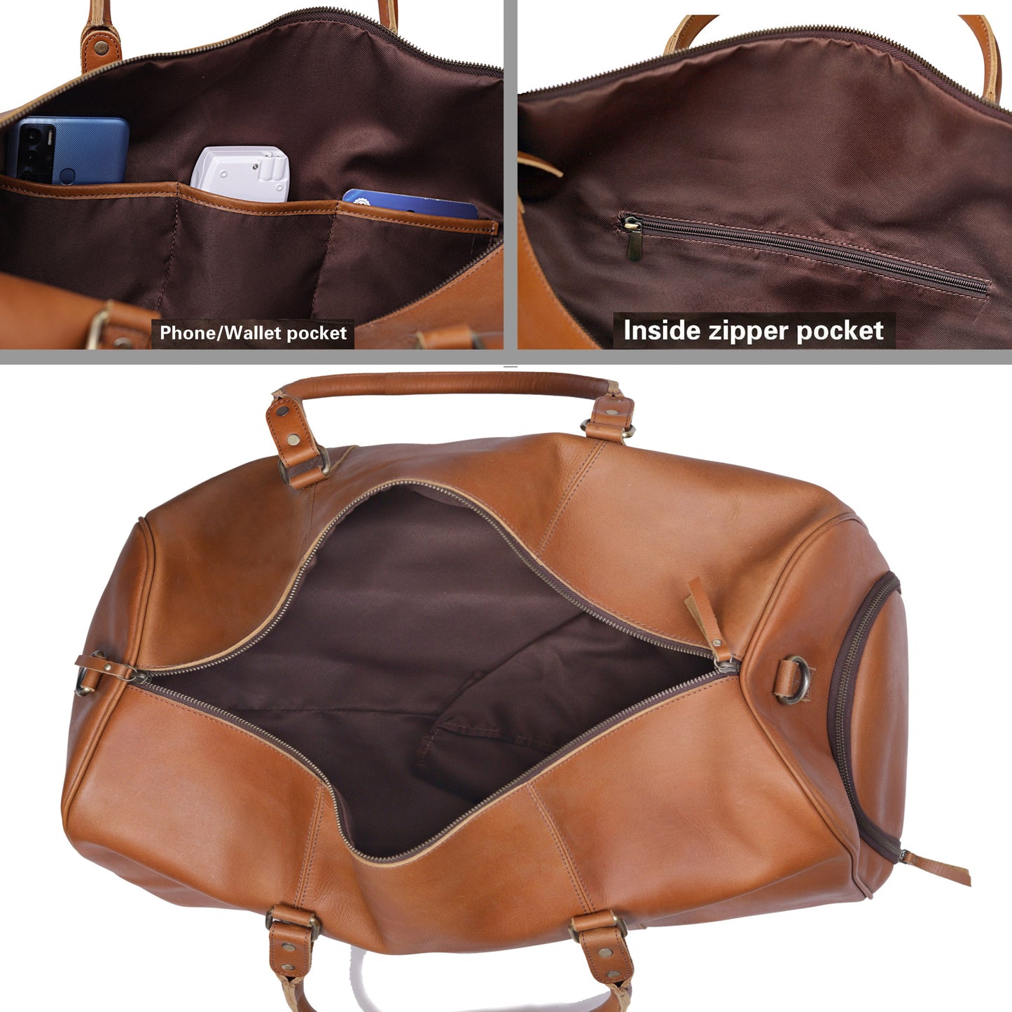 JOHN LEATHER DUFFEL BAG FOR MEN - TAN
