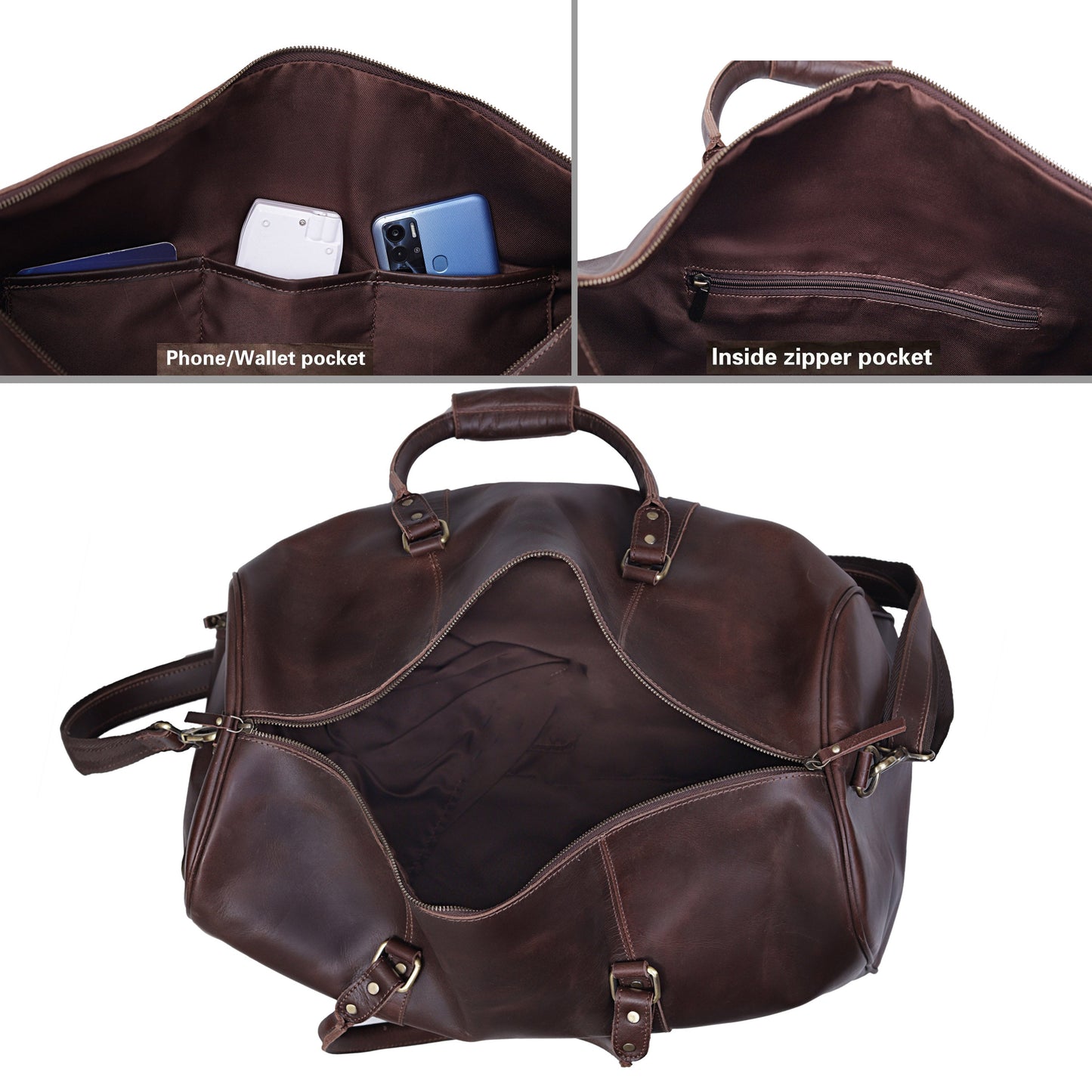 JOHN LEATHER DUFFEL BAG FOR MEN - BROWN