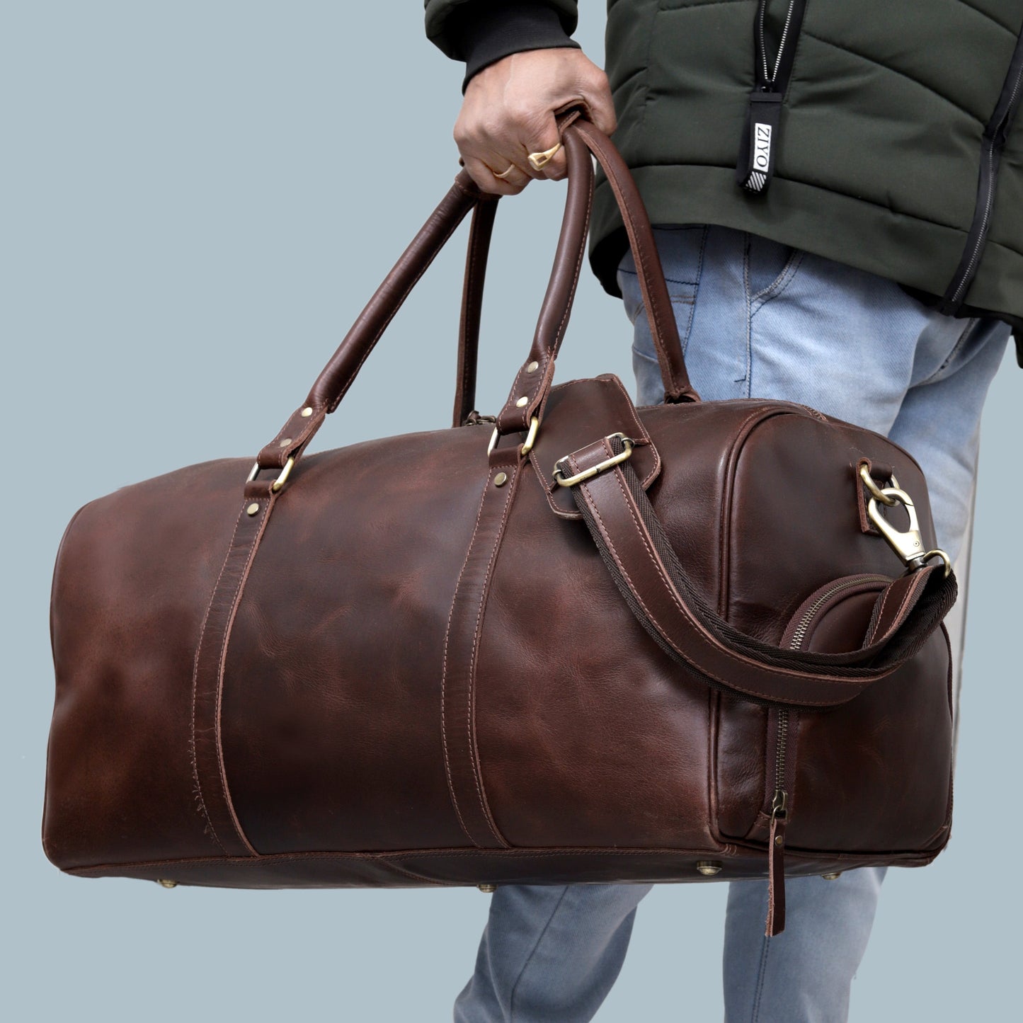 JOHN LEATHER DUFFEL BAG FOR MEN - BROWN