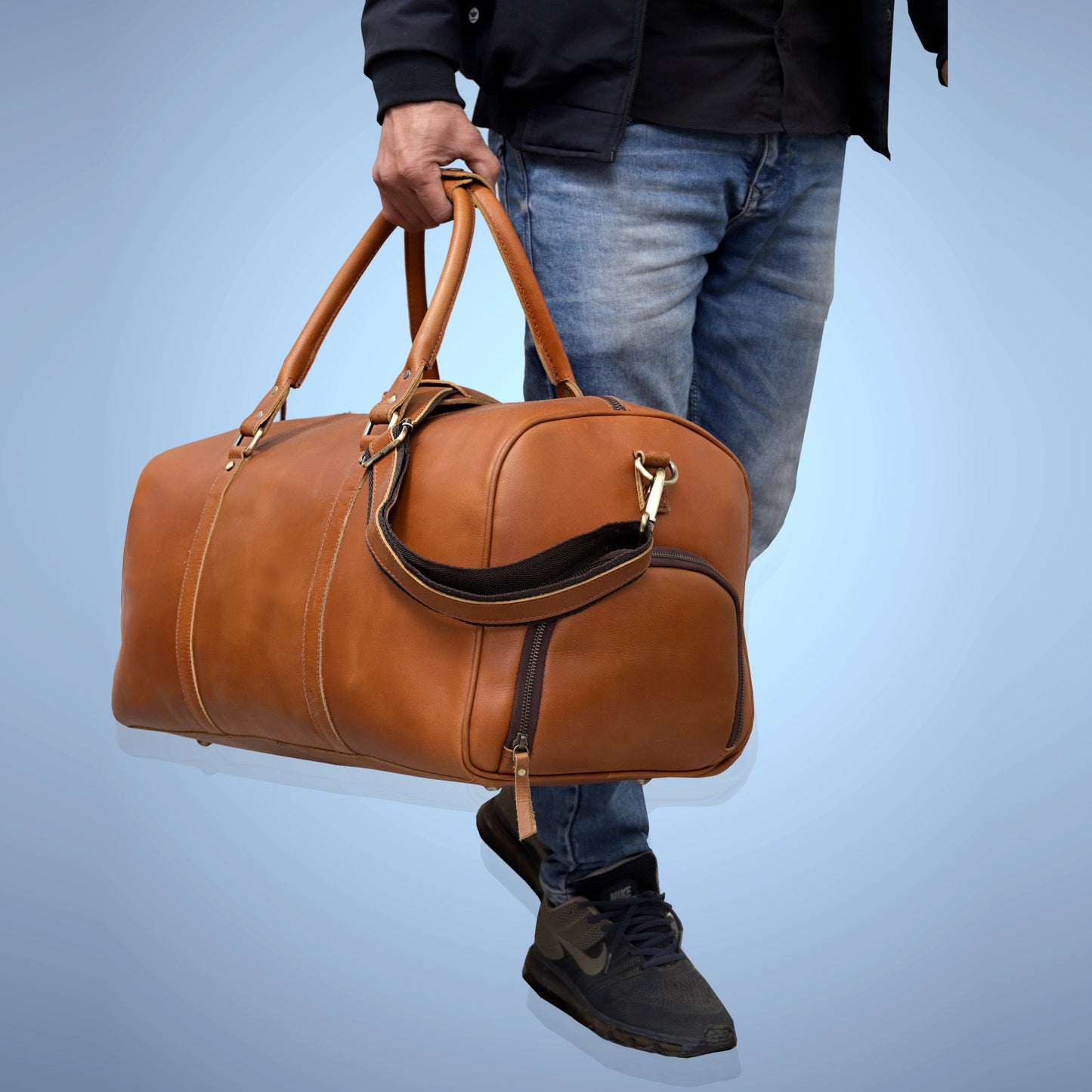 JOHN LEATHER DUFFEL BAG FOR MEN - TAN