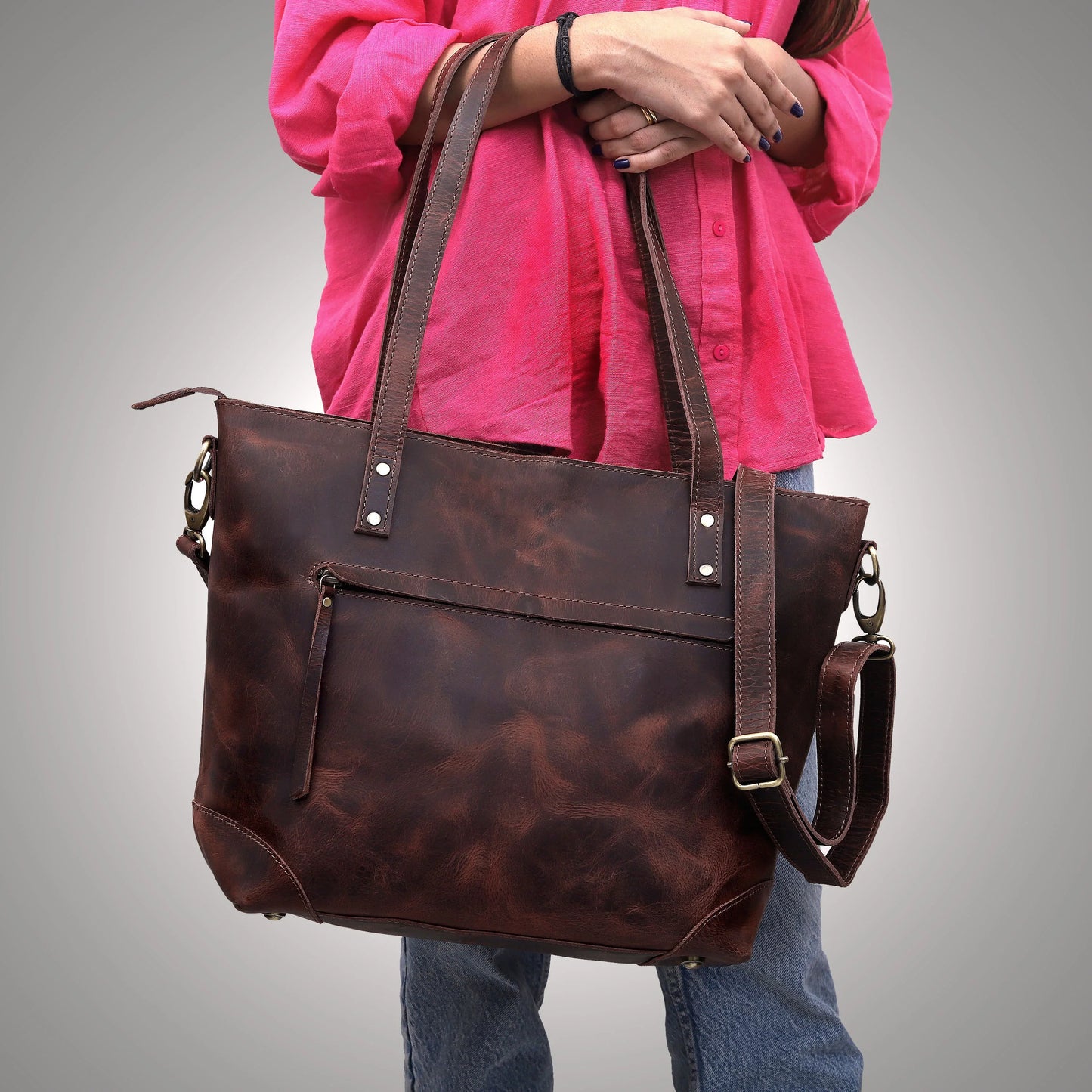 PORTLAND BUFFALO LEATHER TOTE BAG - BURGUNDY