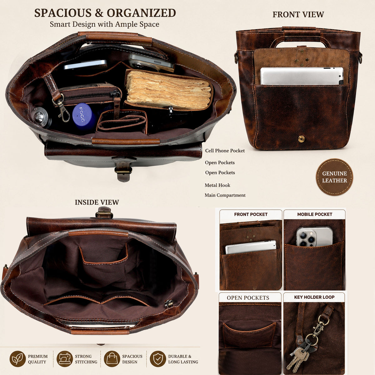 Standing leather tote bag