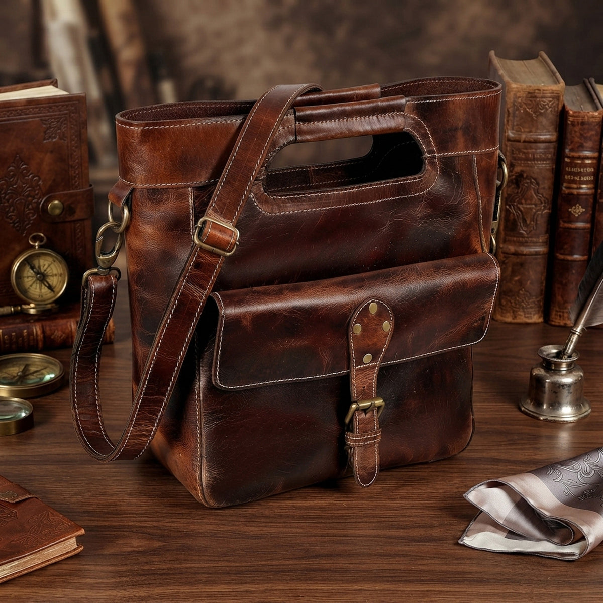 Standing leather tote bag