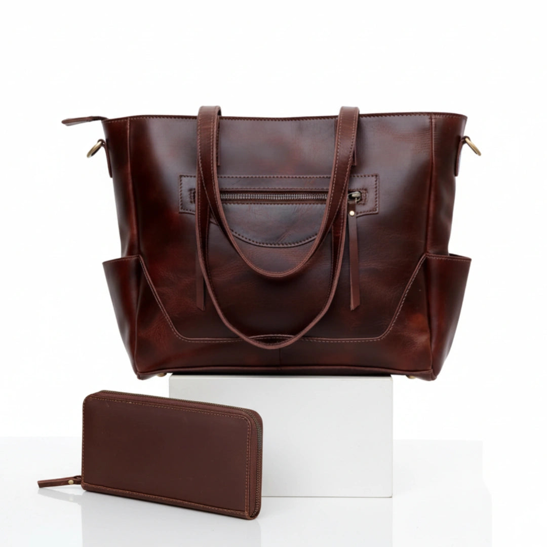 Portland Buffalo Leather Laptop Tote Bag - Burgundy