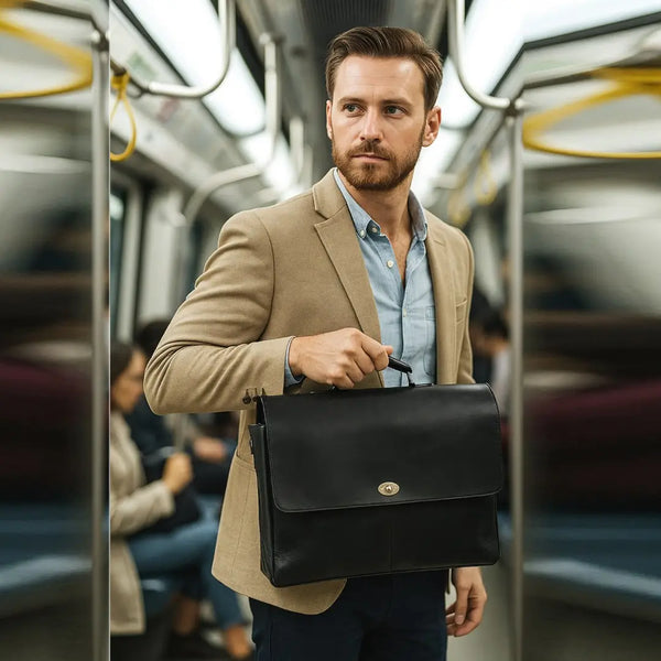Windsor Black Leather Messenger Bag For Men