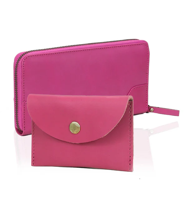 Slim Pink Leather Wallet + Coin Purse Combo