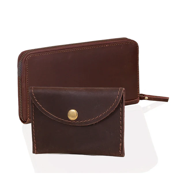 Slim Brown Leather Wallet + Coin Purse Combo