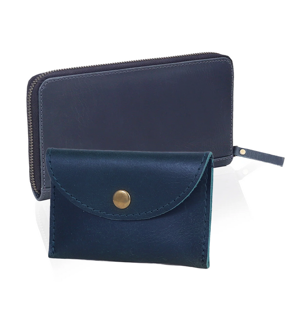 Slim Navy Leather Wallet + Coin Purse Combo