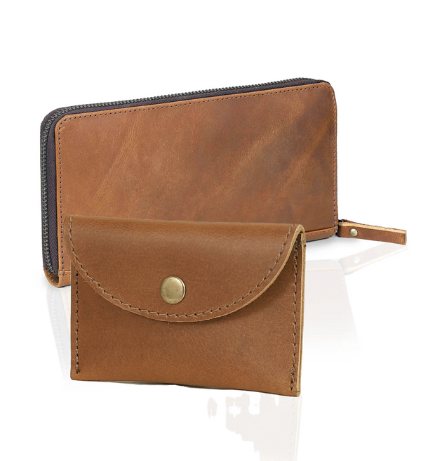 Slim Tan Leather Wallet + Coin Purse Combo