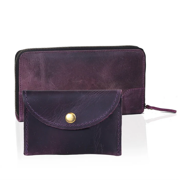 Slim Purple Leather Wallet + Coin Purse Combo