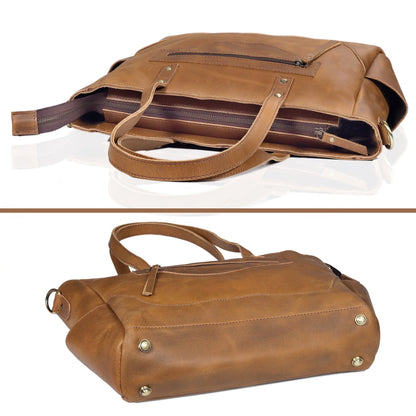 Portland Buffalo Leather Tote Handbag with Zipper - Tan