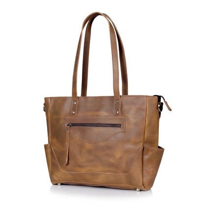 Portland Buffalo Leather Tote Handbag with Zipper - Tan