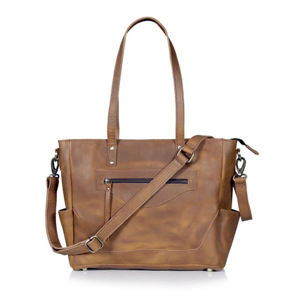 Portland Buffalo Leather Tote Handbag with Zipper - Tan