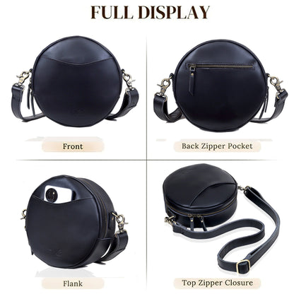 Indus Leather Round Crossbody Bags for Women - Black