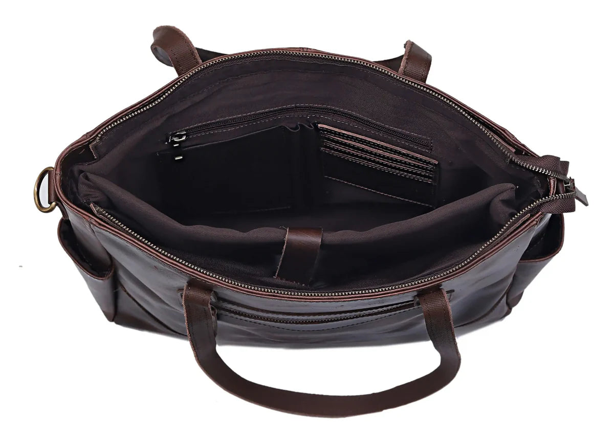 Portland Buffalo Leather Tote Purse Bag with Zipper - Brown