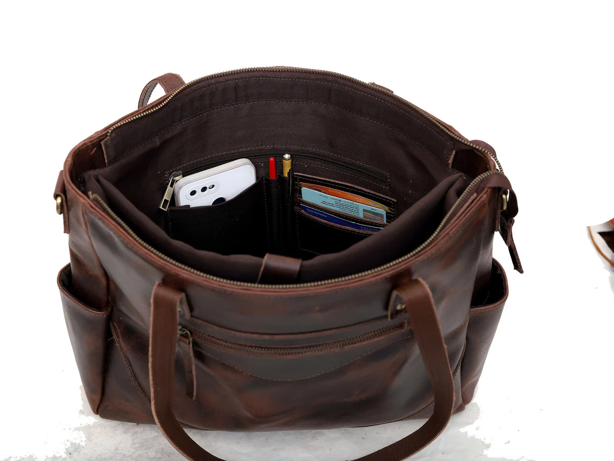 Portland Buffalo Leather Tote Purse Bag with Zipper - Brown