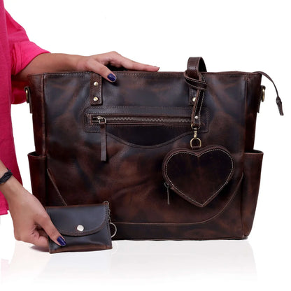 Portland Buffalo Leather Tote Purse Bag with Zipper - Brown