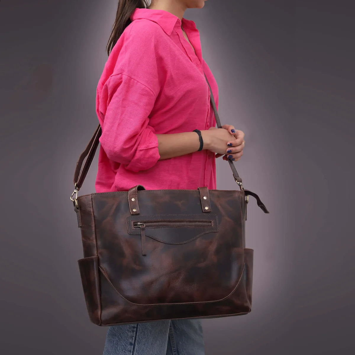 Portland Buffalo Leather Tote Purse Bag with Zipper - Brown