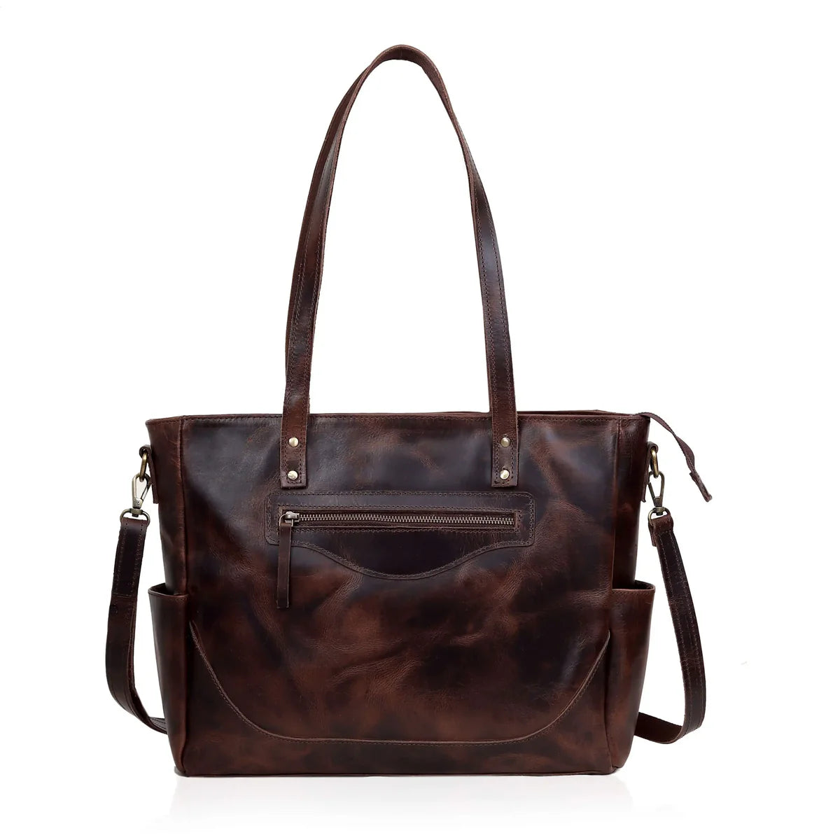 Portland Buffalo Leather Tote Purse Bag with Zipper - Brown