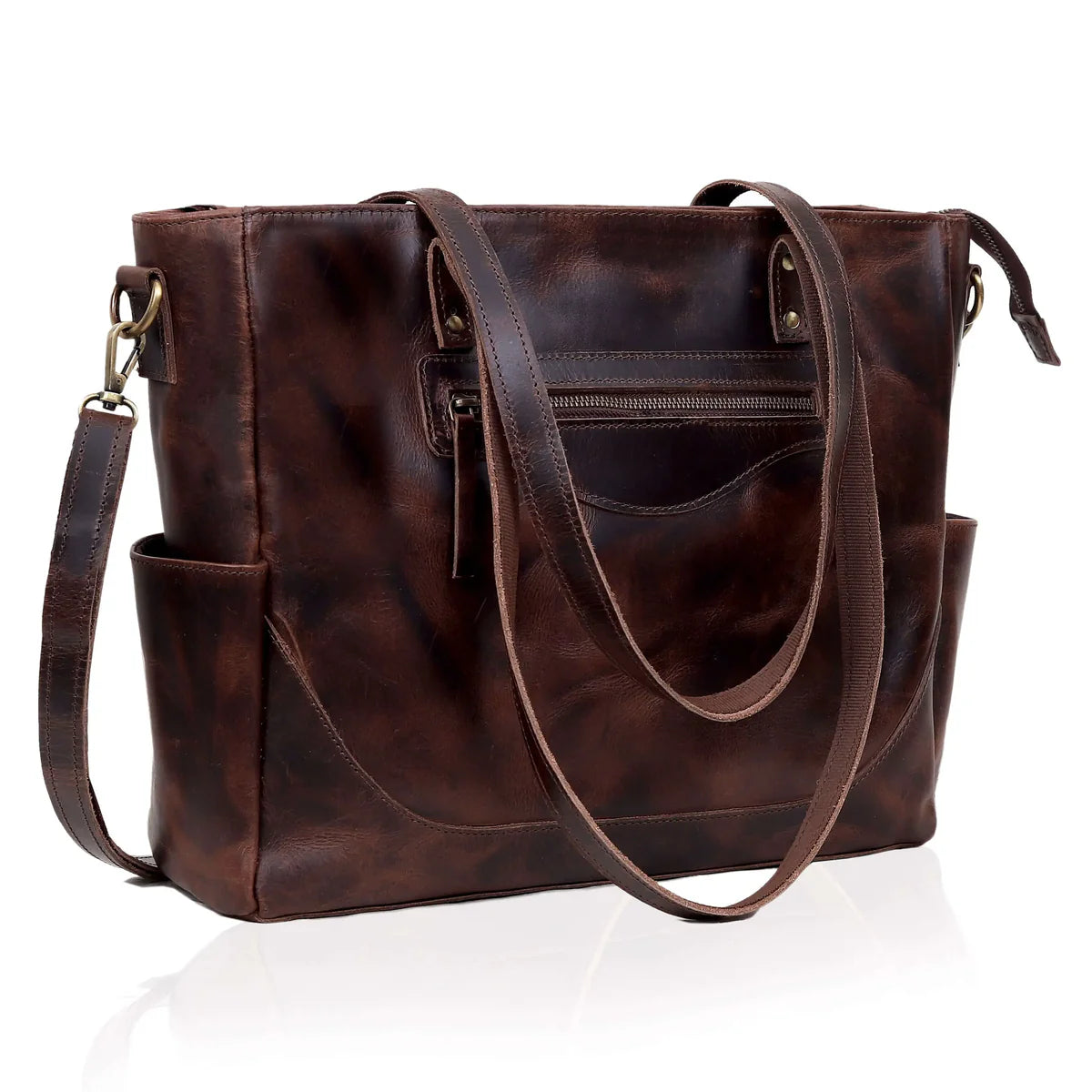 Portland Buffalo Leather Tote Purse Bag with Zipper - Brown