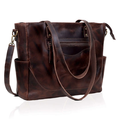 Portland Buffalo Leather Tote Purse Bag with Zipper - Brown