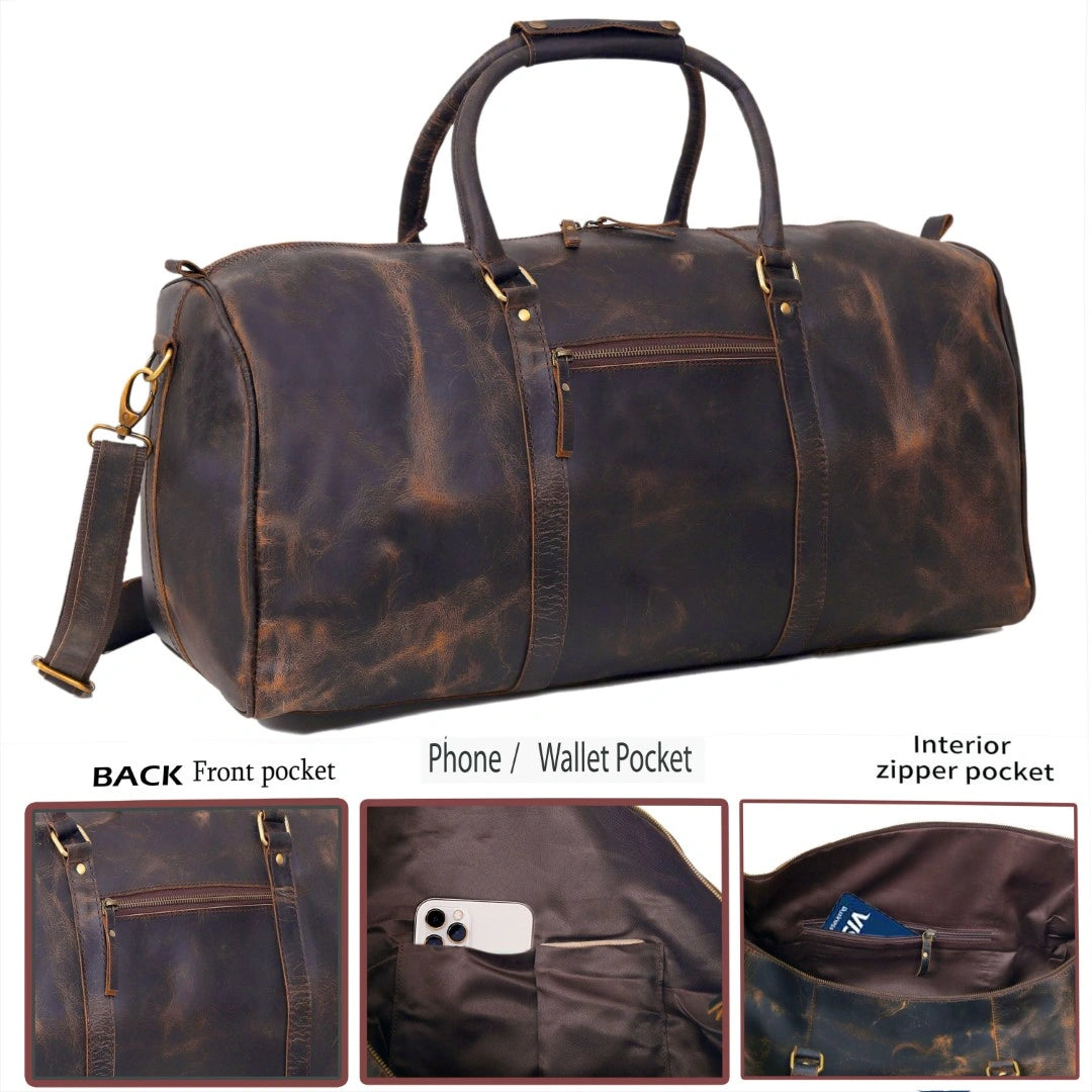 RUSTIC LEATHER DUFFEL BAG - VINTAGE BROWN