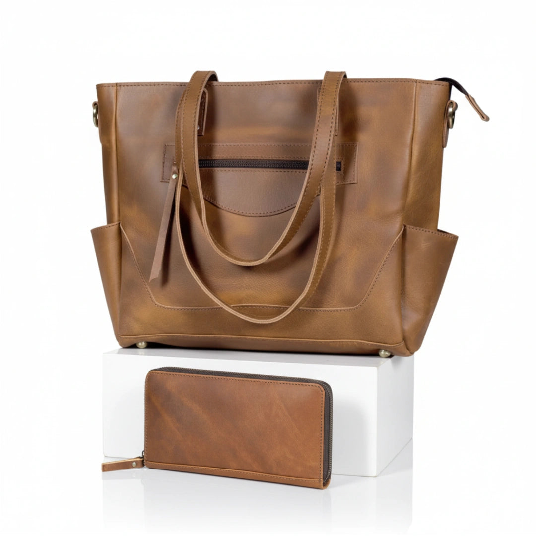 Portland Buffalo Leather Tote Handbag with Zipper - Tan