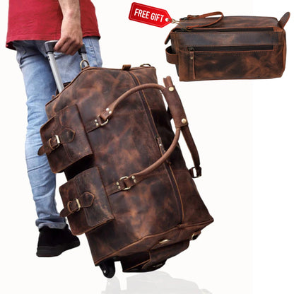 Wheely Leather Duffel Bag With Wheels + Free Leather Toiletry Bag