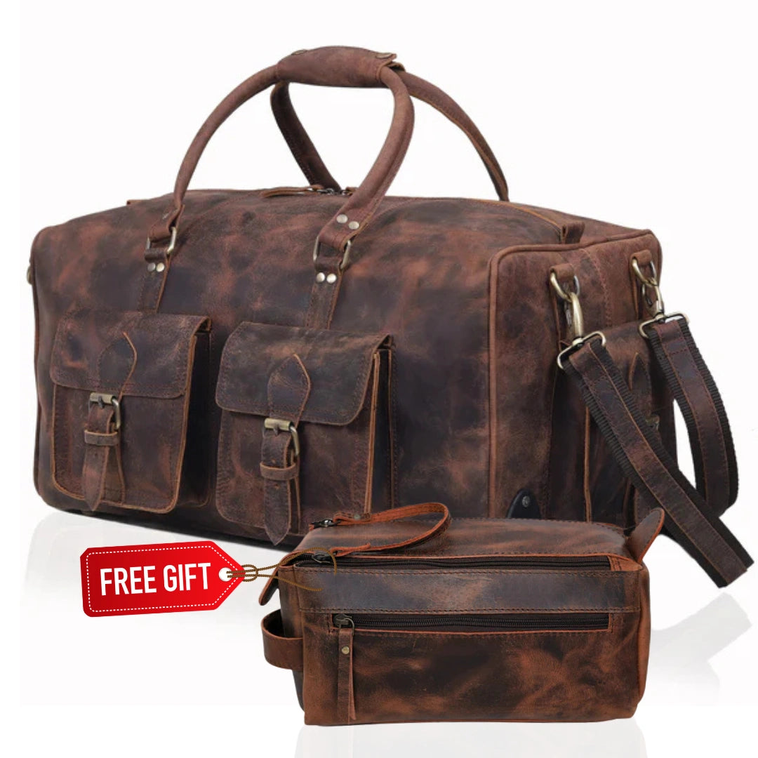 Wheely Leather Duffel Bag With Wheels + Free Leather Toiletry Bag