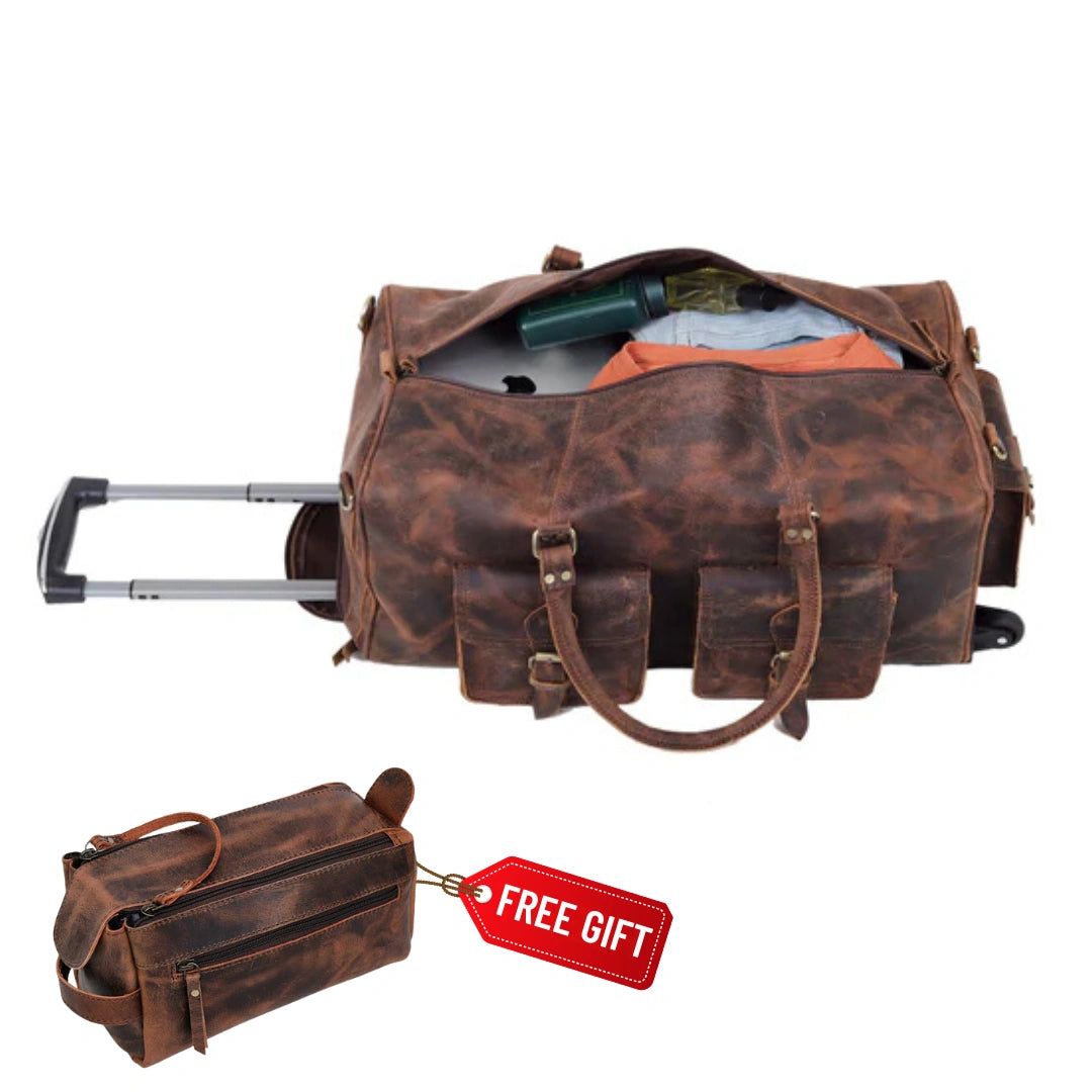 Wheely Leather Duffel Bag With Wheels + Free Leather Toiletry Bag