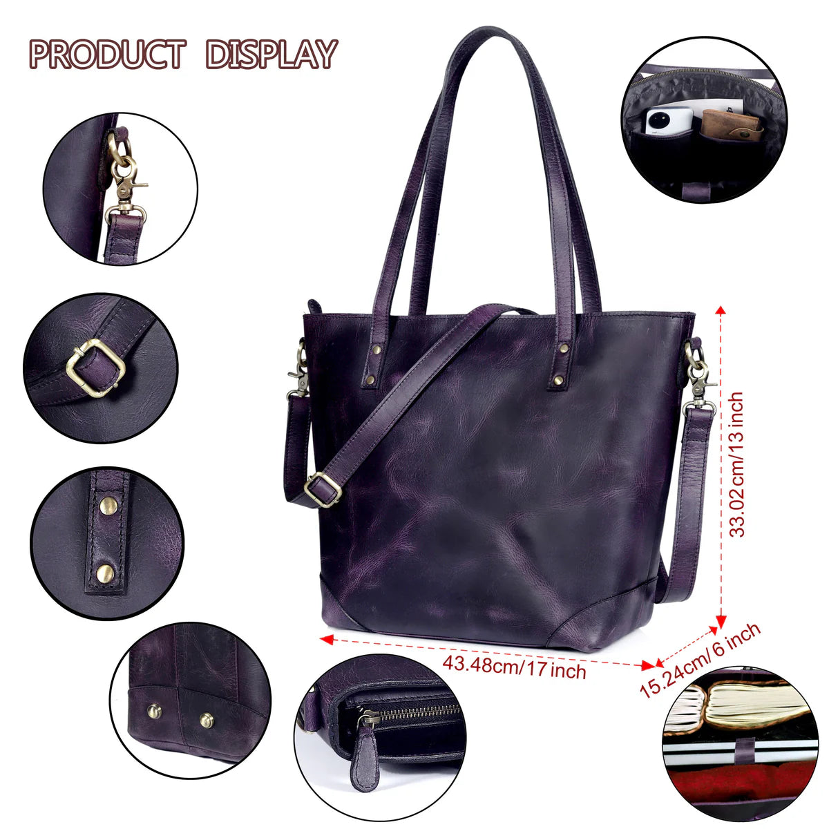 PORTLAND BUFFALO LEATHER TOTE BAG - PURPLE