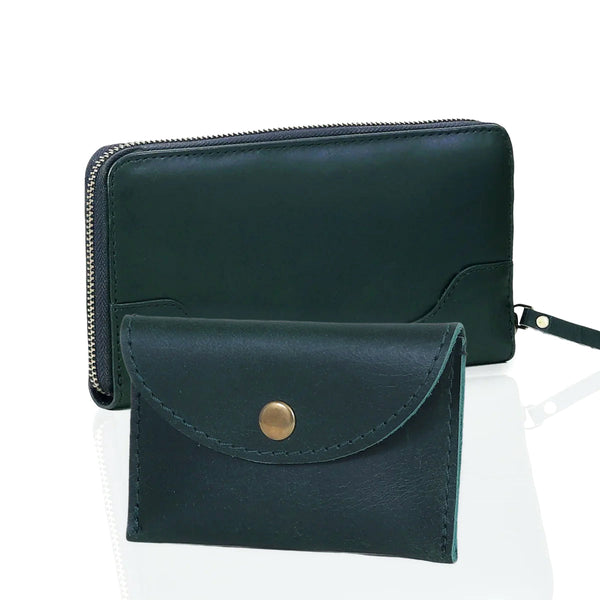 Slim Green Leather Wallet + Coin Purse Combo